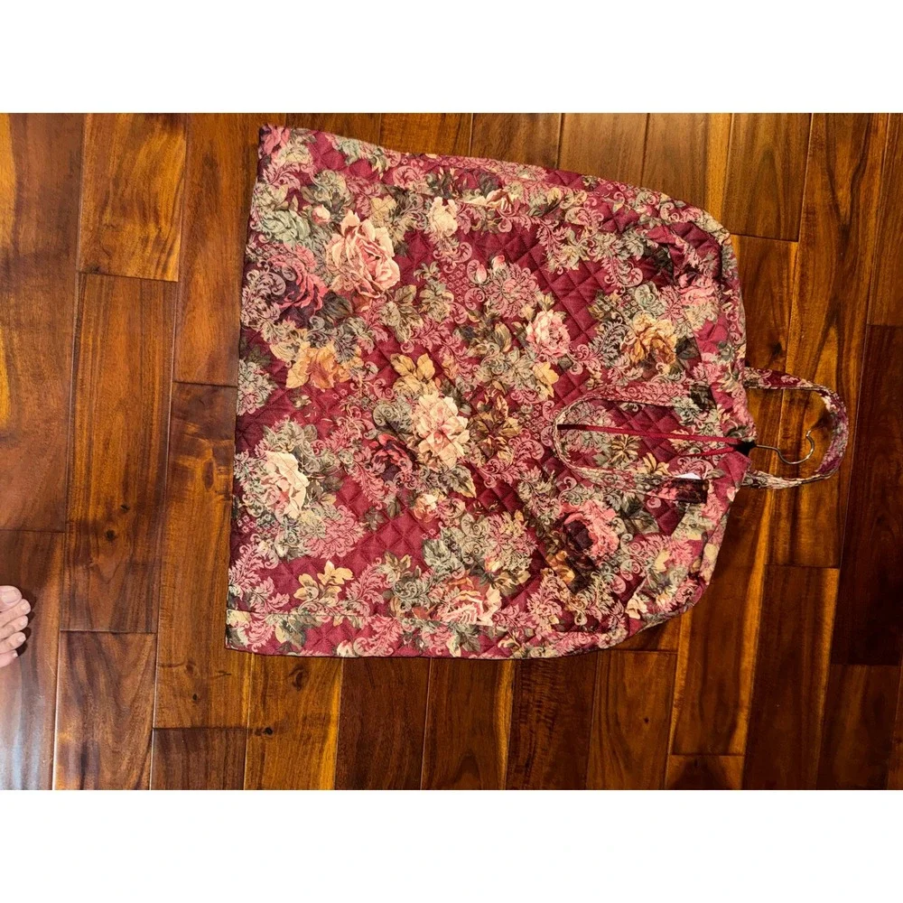 Vintage Quilted Floral Garment Bag Burgundy Rose Travel Suit Dress Cover